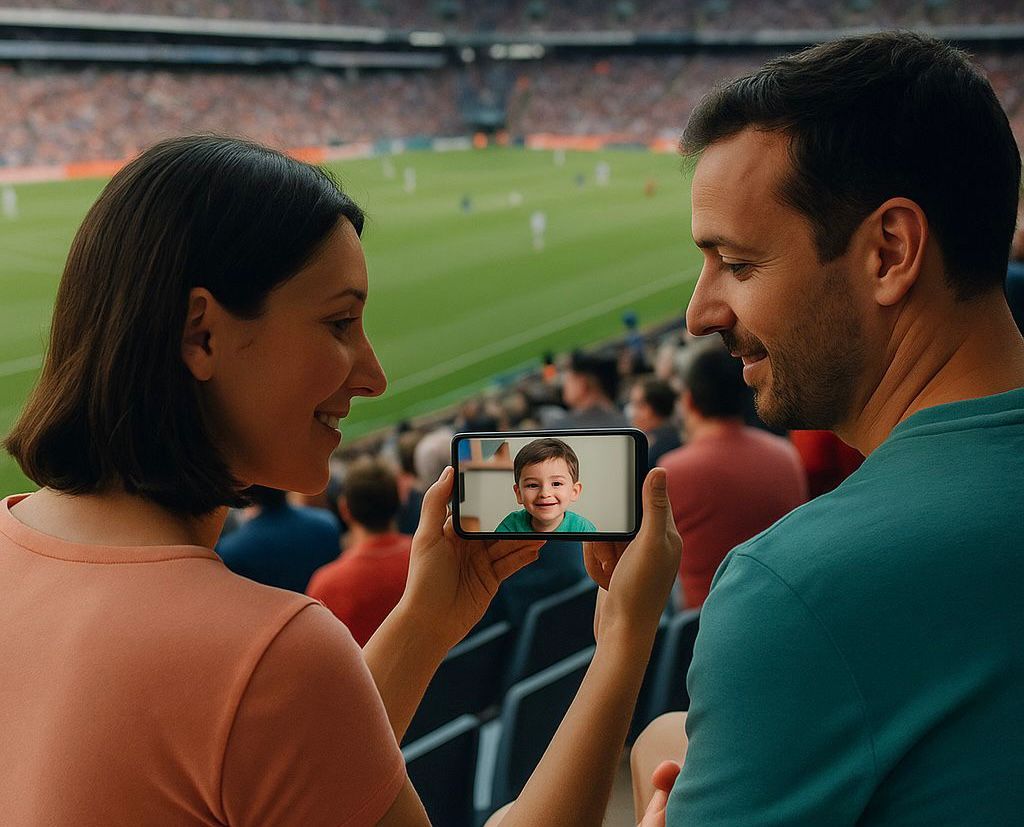 Pais acompanhando filho pela camera ao vivo durante evento